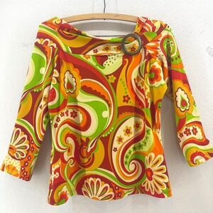 Y2K Forenza Psychedelic Swirl Top Womens M Ring Groovy Boho 2000s Festival Heart